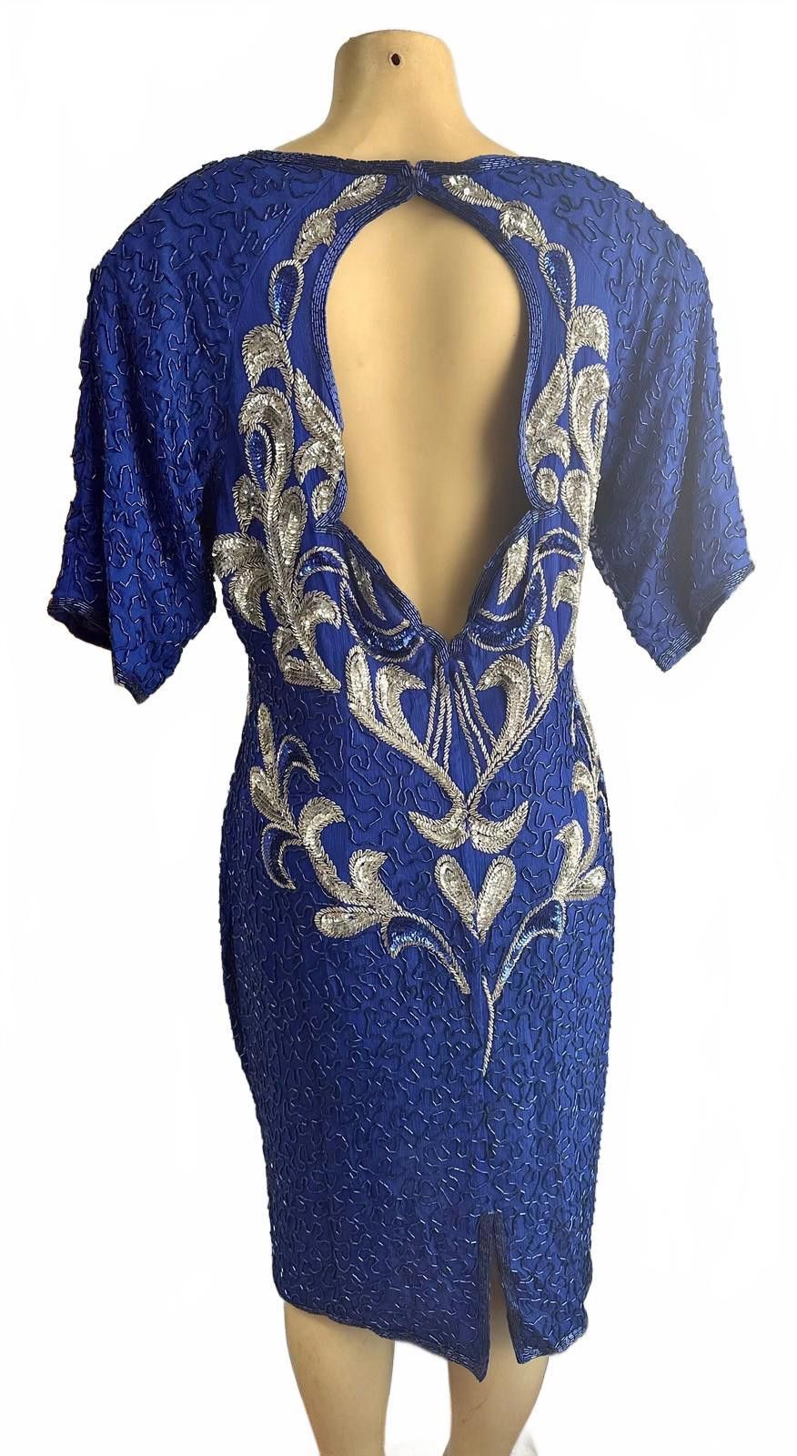 Other Sequin Evening Handbeaded Dress Royal Blue/Silver size 10 Size L / US 10 / IT 46 - 2 Thumbnail