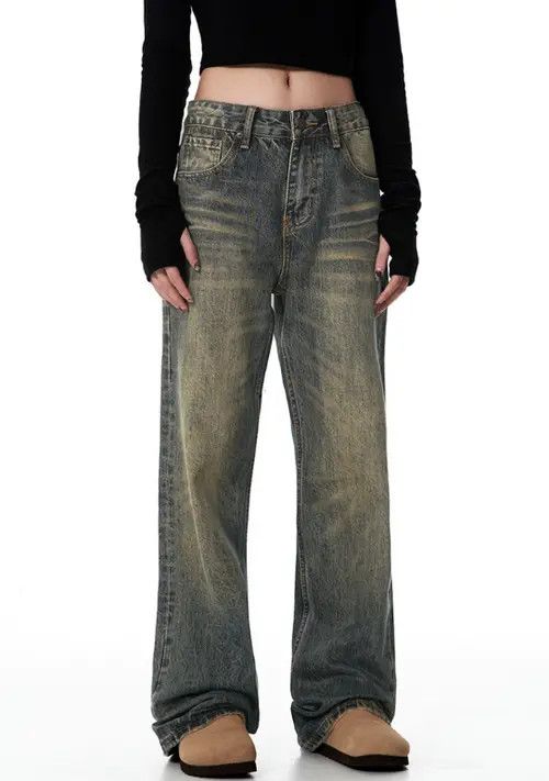 American retro distressed low-rise flared straight jeans