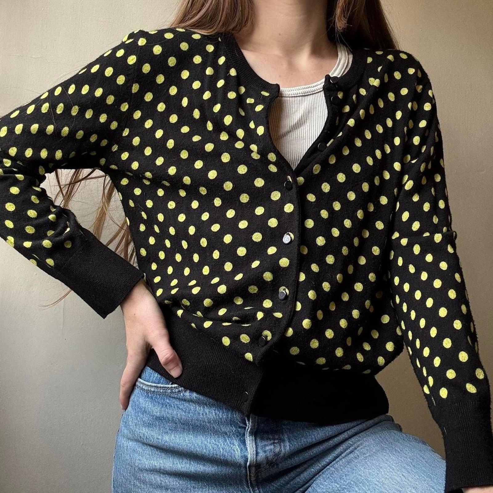 Vintage Vintage Spense Knits Black Green Polka Dot Cardigan Small Size S / US 4 / IT 40 - 1 Thumbnail