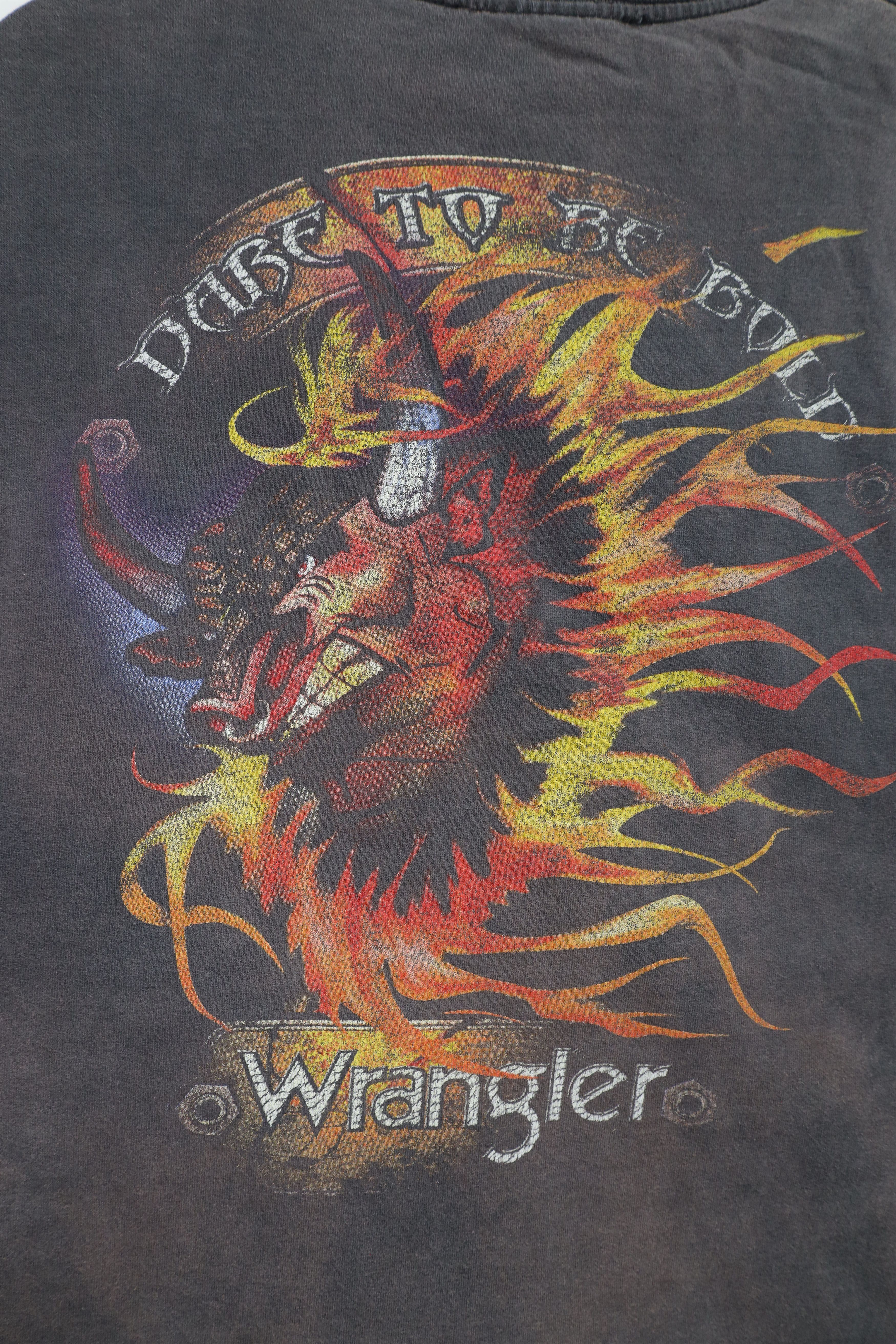 Vintage × Wrangler Vintage 90s Wrangler Dare ToBe Bold Bull Fire Flames T-Shirt Size US XXL / EU 58 / 5 - 11 Thumbnail