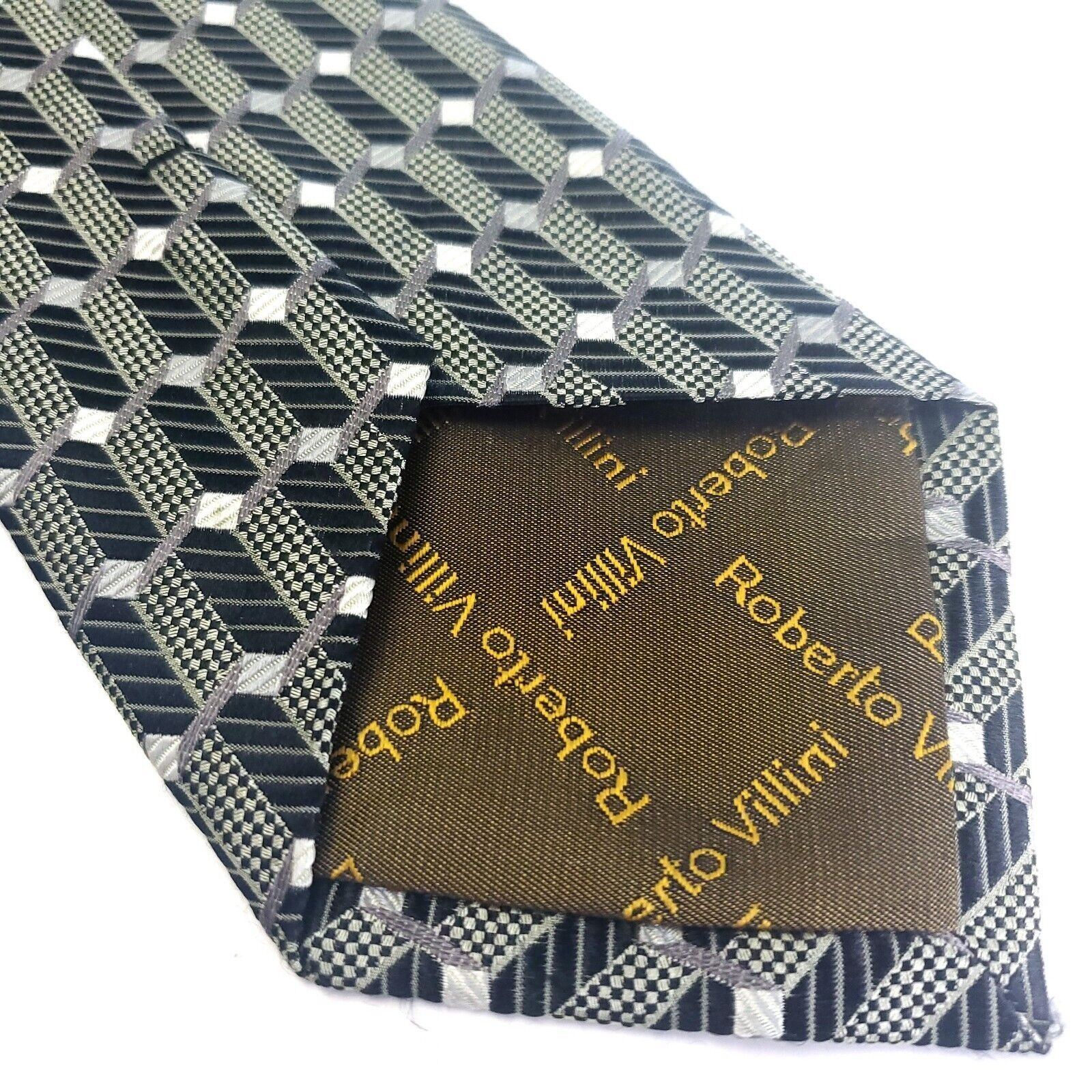 Designer Roberto Villini Gray Silk Tie Woven Geometric Micro Check Size ONE SIZE - 4 Thumbnail