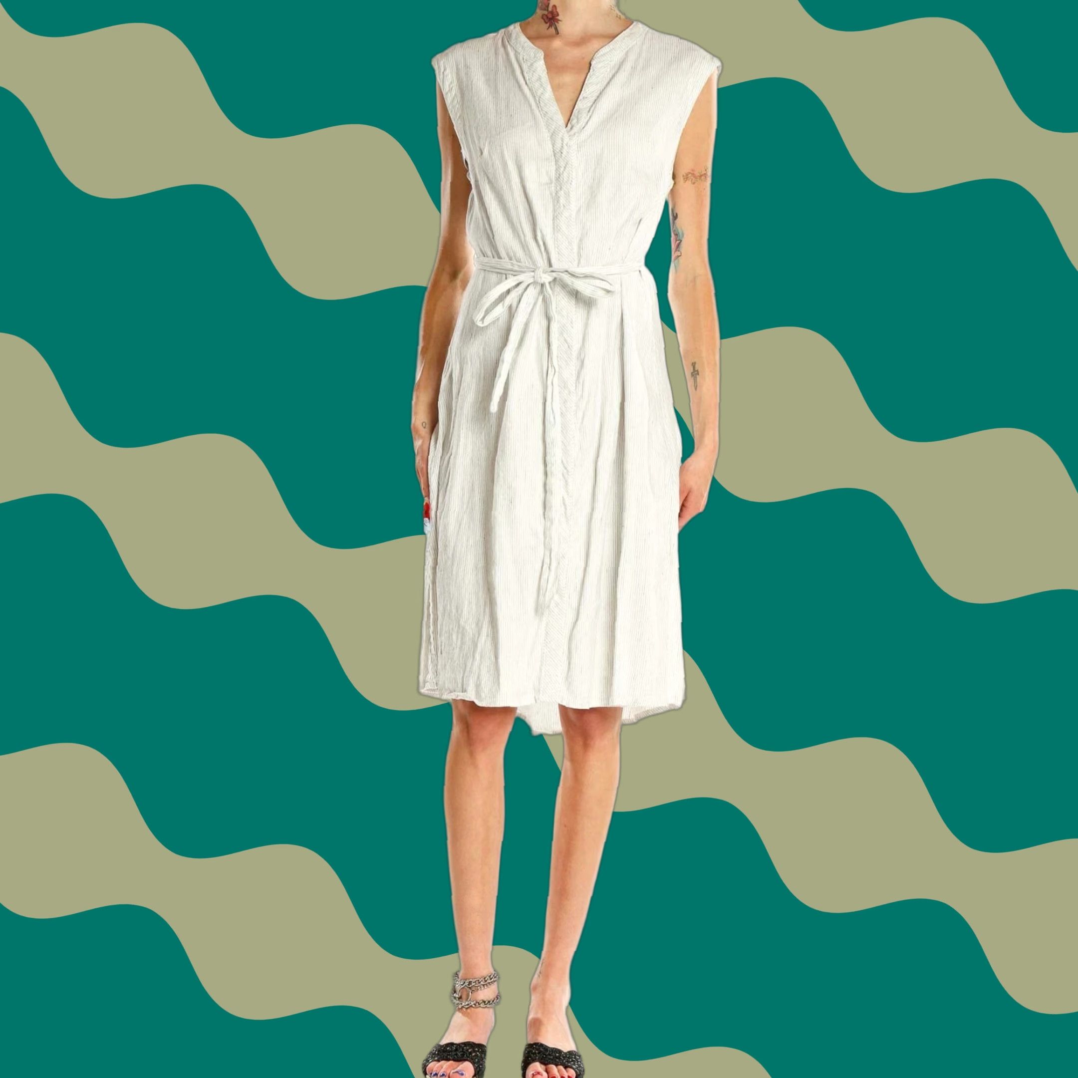 Tahari Dress Shirt Dress Women 10 White Pinstripe V-Neck Button Linen Blend  Stretch Knee Length
