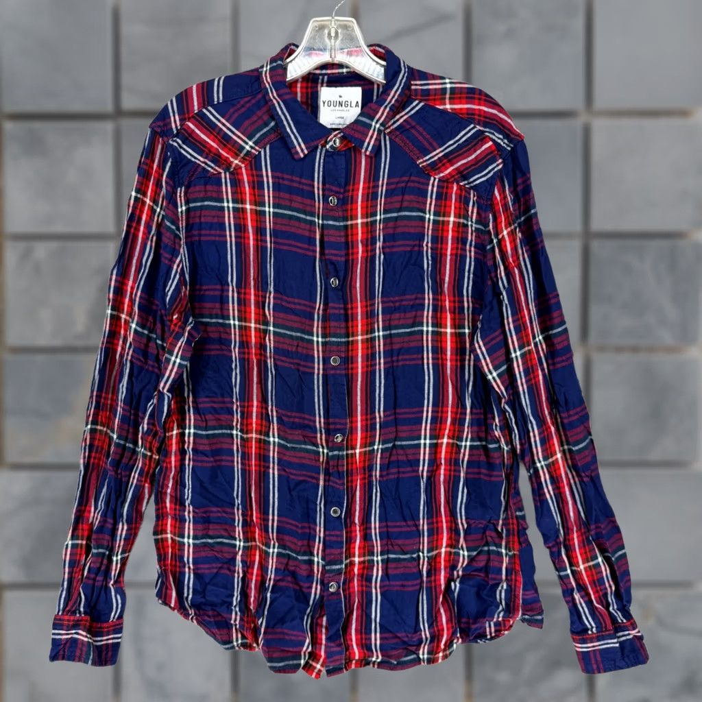 YoungLA YoungLA Button-Up Shirt Plaid Navy Red White L Mens Casual Western 806 Viscose Rayon Cotton? Size US L / EU 52-54 / 3 - 1 Thumbnail