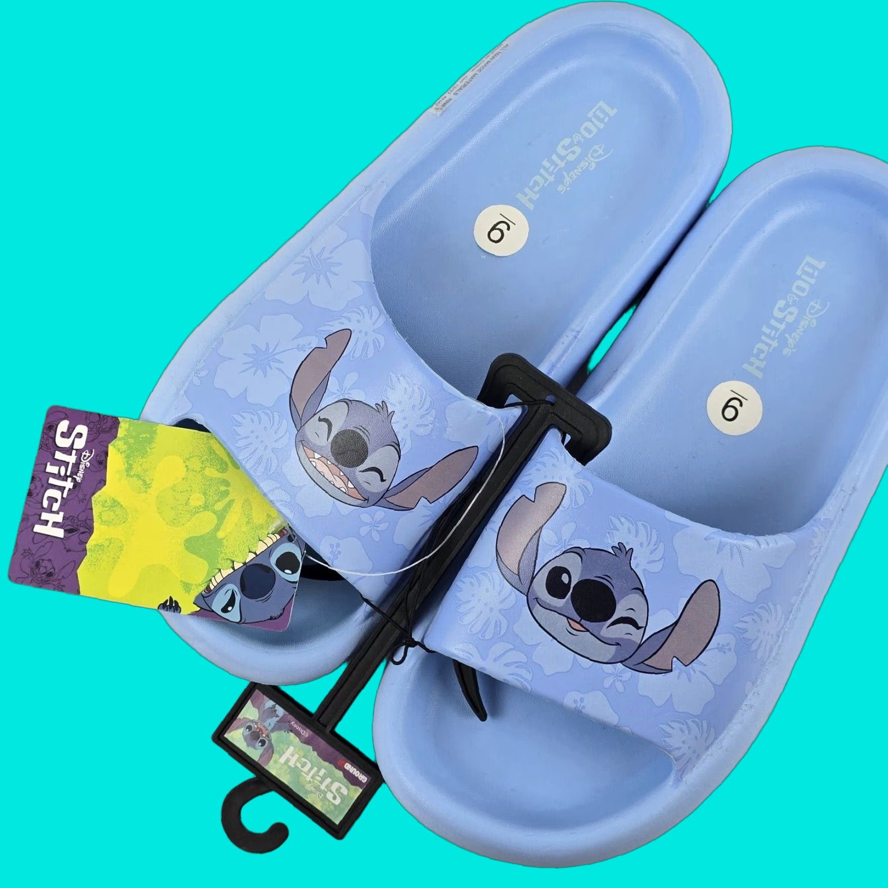 Vintage Ground Up Women's Size 9 Wide Lilo & Stitch Disney Tropical Smiles Slide Sandals Blue Waterproof Comfort Shoes