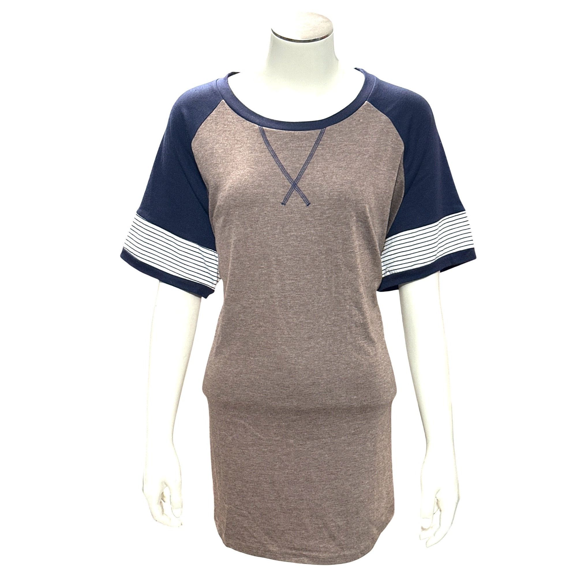 Other Adibosy Brown Navy Raglan Dressy Tunic Tee Shirt Dress Strip Size XXL / US 16-18 / IT 52-54 - 2 Thumbnail