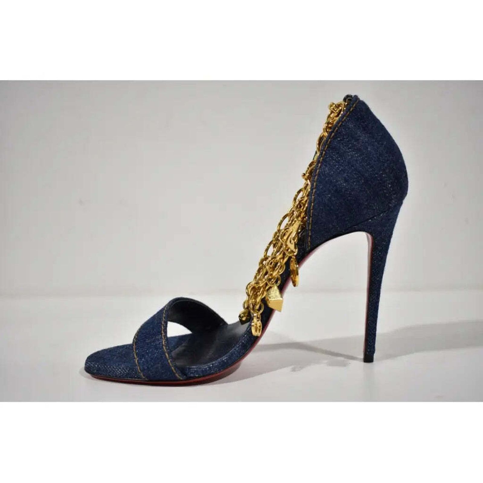 Christian Louboutin Gourmi Sandal 100 Denim Gold Charm Ankle Strap Heel Pump 37 Size US 7 / IT 37 - 9 Thumbnail