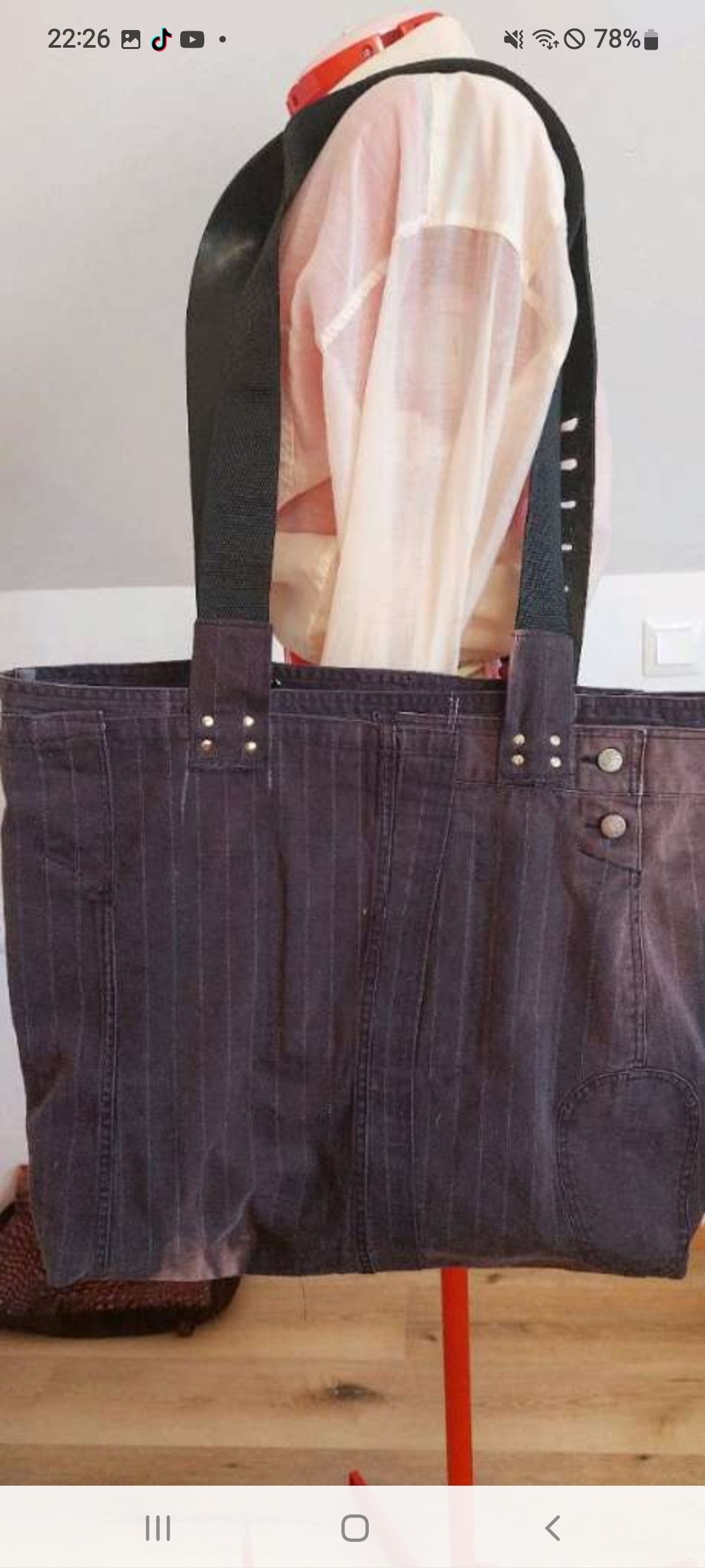 Handmade Upcycled Denim Jacket Tote with Leather Belt Straps Size ONE SIZE - 7 Thumbnail