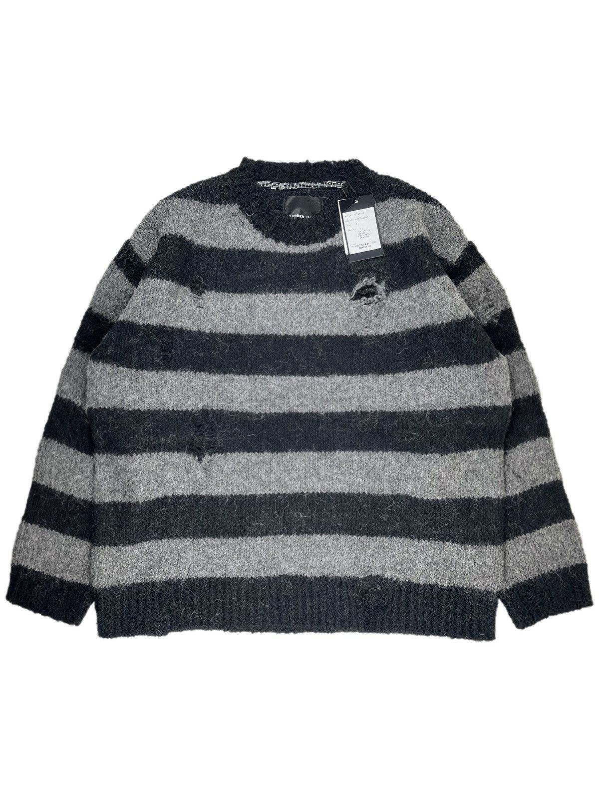 image of Number N Ine Number (N)Ine Grey Distressed Striped Loose Knit Sweater in Black Grey (Size Large)