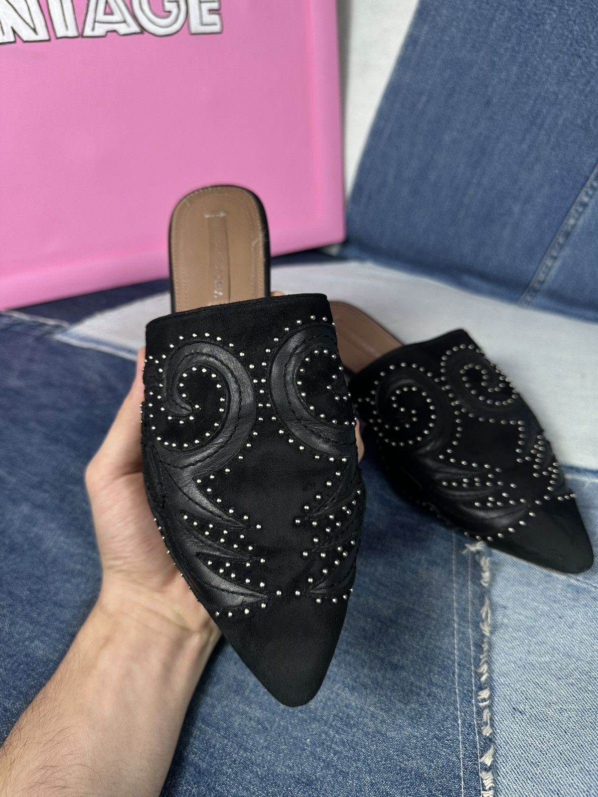 Bcbgmaxazria BCBGMAXAZRIA Nola Mules Suede Leather Black Flat Size US 8.5 / IT 38.5 - 9 Thumbnail