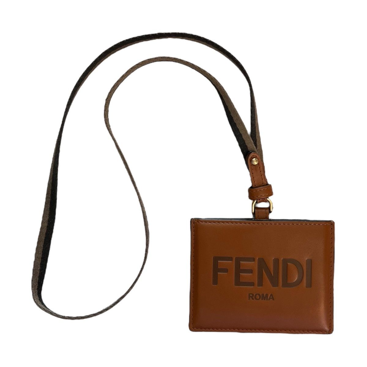 image of Fendi Logo Leather Lanyard Card Holder in Brown, Men's