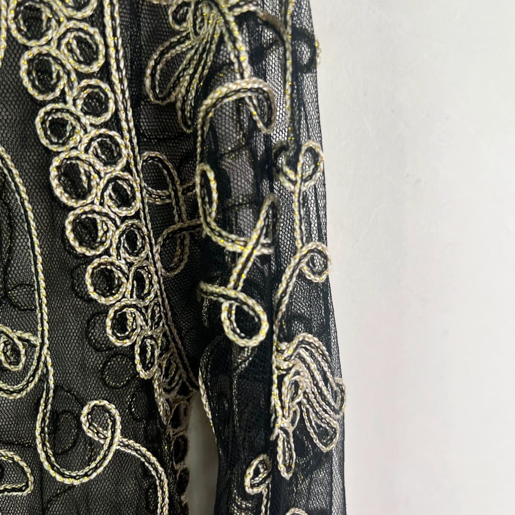 Vintage Sophie Chang Studio Blouse Womens S Gold Sheer Embroidered Floral Brocade Designer Formal Party Size S / US 4 / IT 40 - 2 Thumbnail