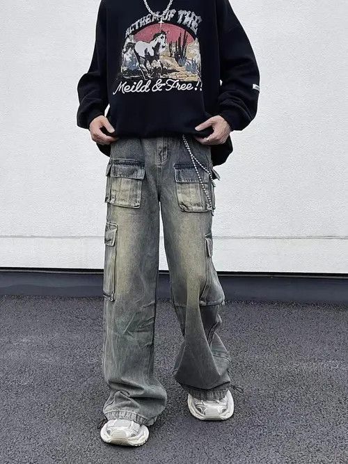 Jean Retro Distressed Yellow Mud Loose Cargo Jeans Size US 32 / EU 48 - 8 Thumbnail