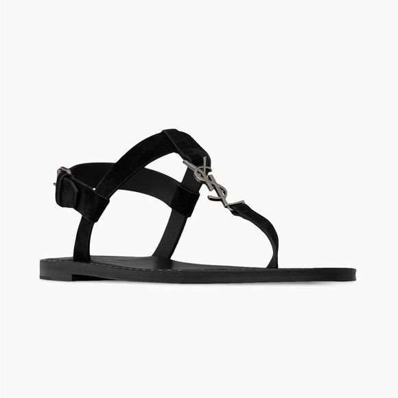 Saint Laurent Cassandra Flat Sandals in Suede with Silver-to