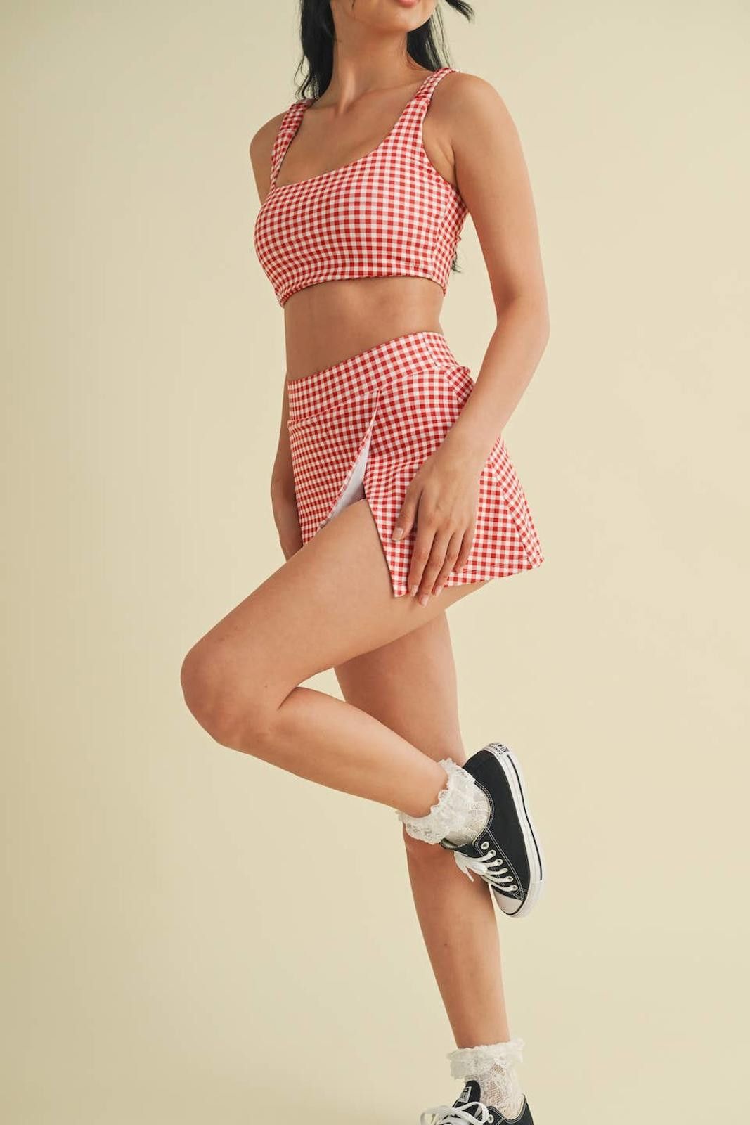 Christian Kimber Gingham Print Side Slit A-Line Skort with Pocket by Kimberly Size ONE SIZE - 11 Thumbnail