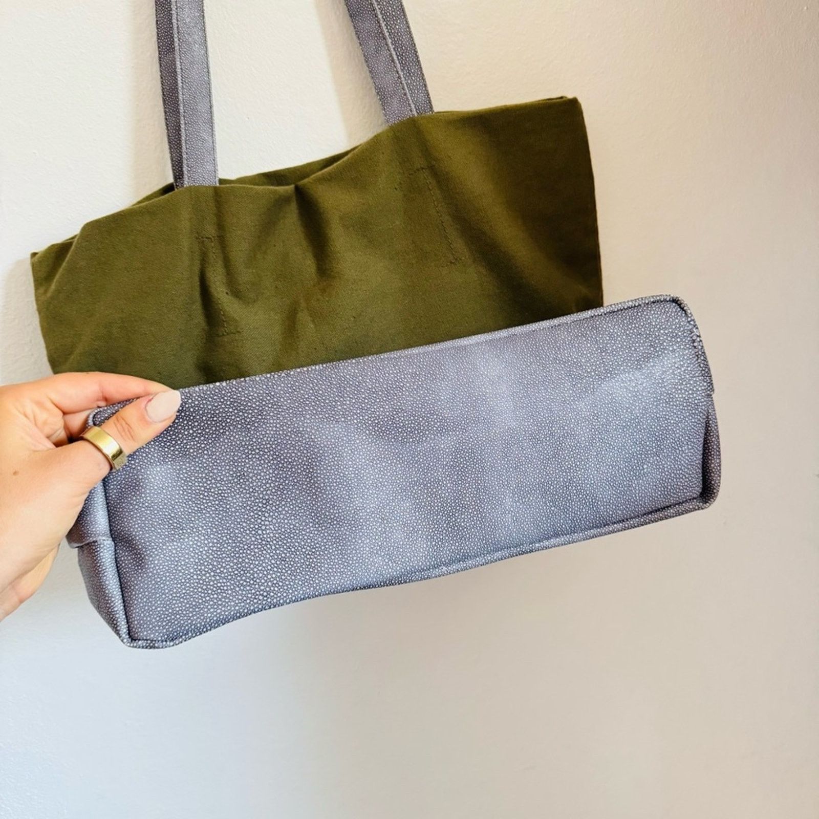 Anthropologie ANTHROPOLOGIE Olive Green Grey Canvas Shoulder Bag Purse Size ONE SIZE - 8 Thumbnail