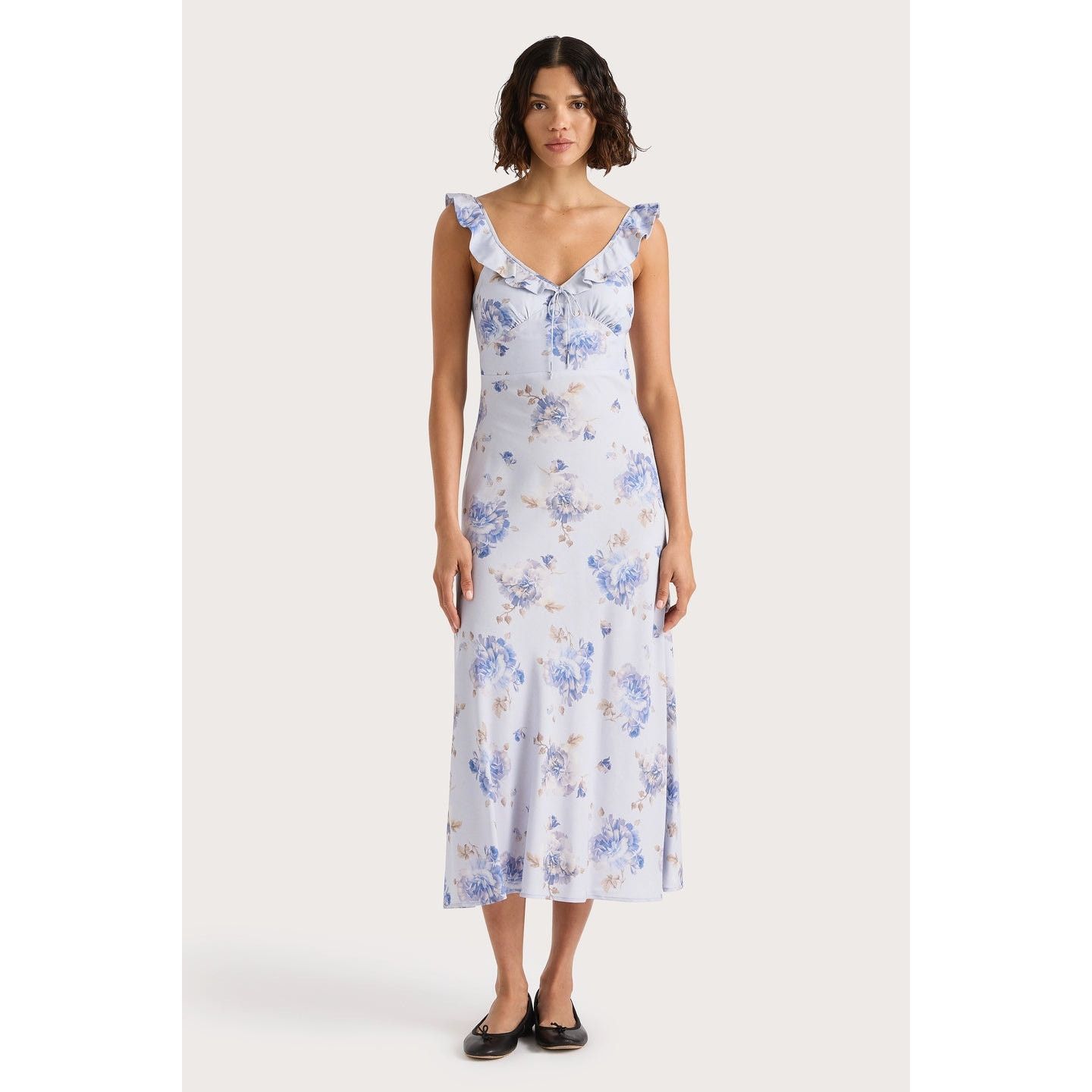 Anthropologie × FAITHFULL New Ruffle-Neck Floral Midi Dress $240 Size 6 Lilac Size M / US 6-8 / IT 42-44 - 5 Thumbnail