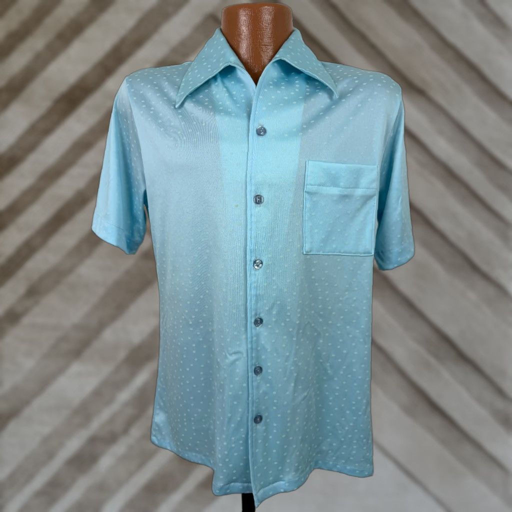 Vintage VINTAGE Joel California Disco Shirt Men M Blue Polka Dot Polyester 70s Stretchy Wrinkle Resistant Size US M / EU 48-50 / 2 - 1 Thumbnail