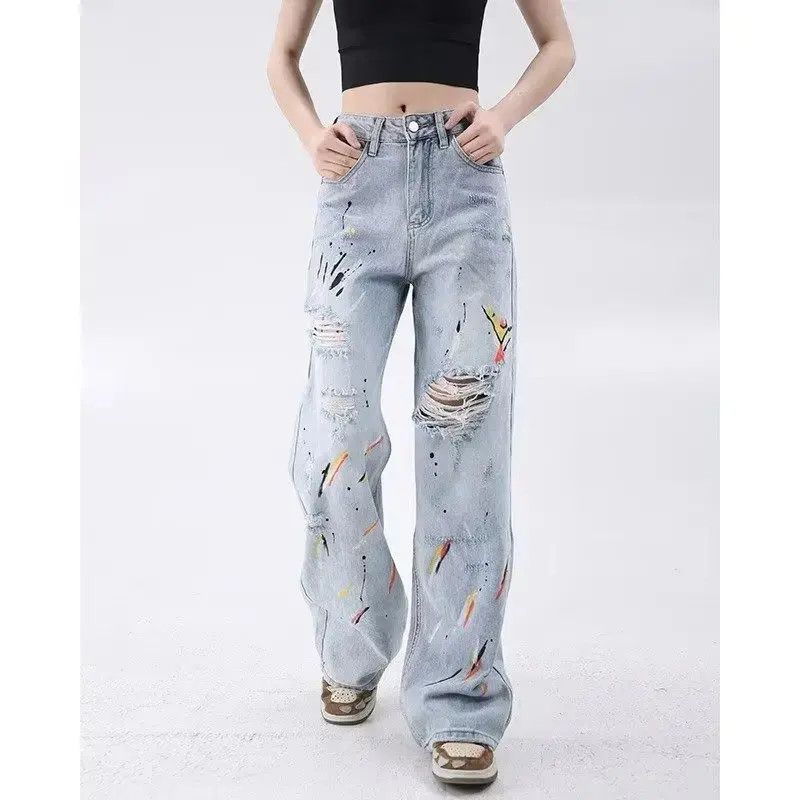 Japanese Brand Retro loose inkjet straight leg casual jeans Size US 32 / EU 48 - 6 Thumbnail