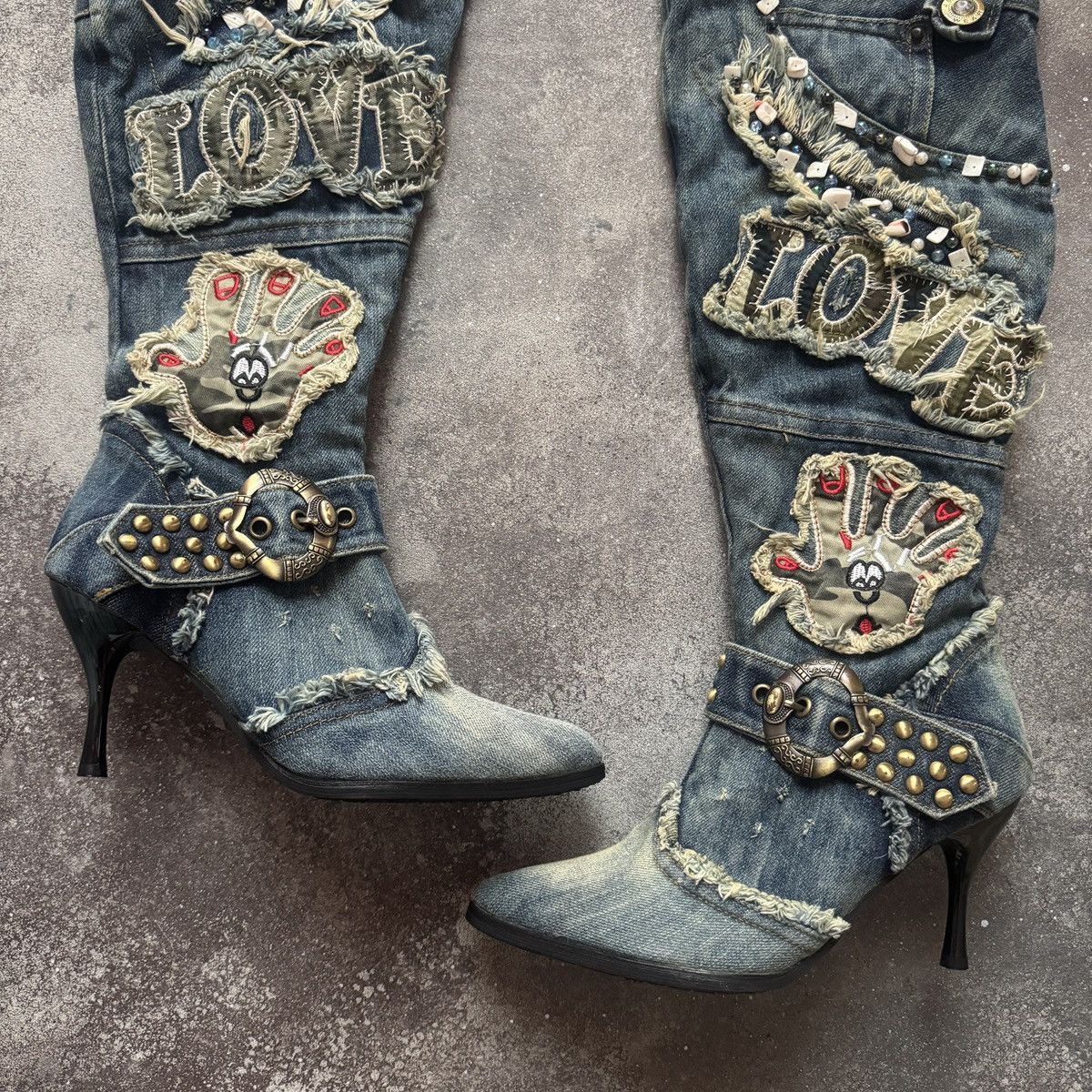 20471120 Vintage Distressed Patchwork Y2K Knee-High Jeans Boots Size US 7 / IT 37 - 5 Thumbnail