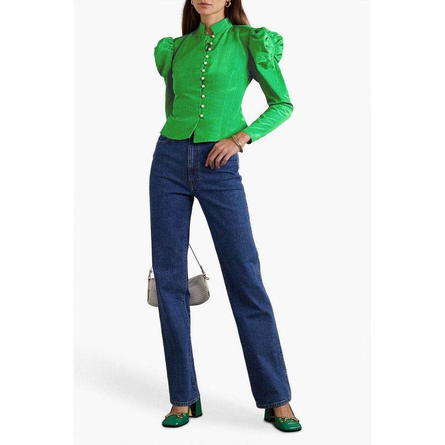 Batsheva Batsheva Song Green ruffled moiré pearly button blouse sz 2 Size XS / US 0-2 / IT 36-38 - 1 Thumbnail