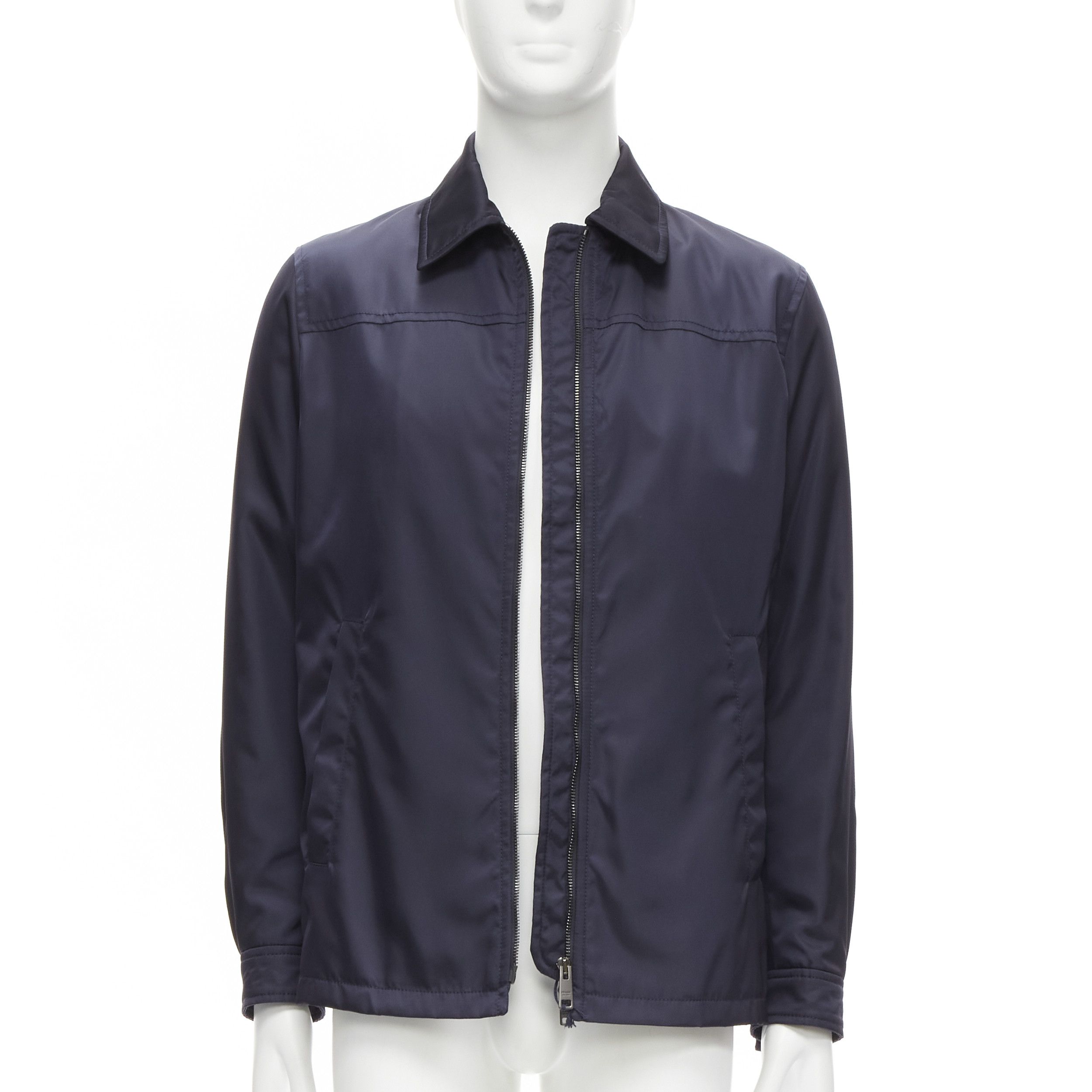 new PRADA 2019 navy blue nylon zip front dual pocket minimal jacket IT46 S