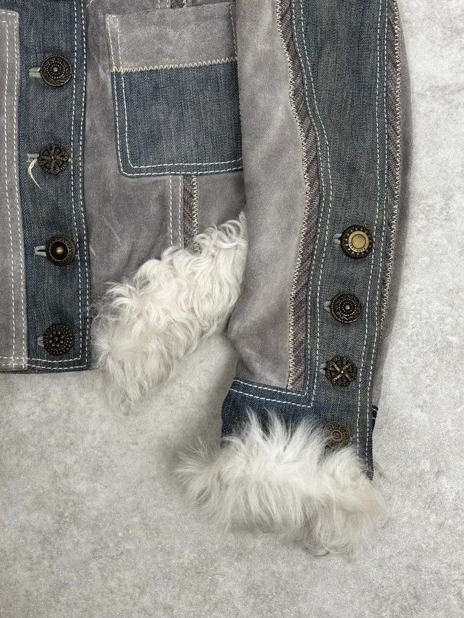 Just Cavalli AW2005 Cavalli Mongolian Fur Grey Leather & Blue Denim Jacket Size S / US 4 / IT 40 - 9 Thumbnail
