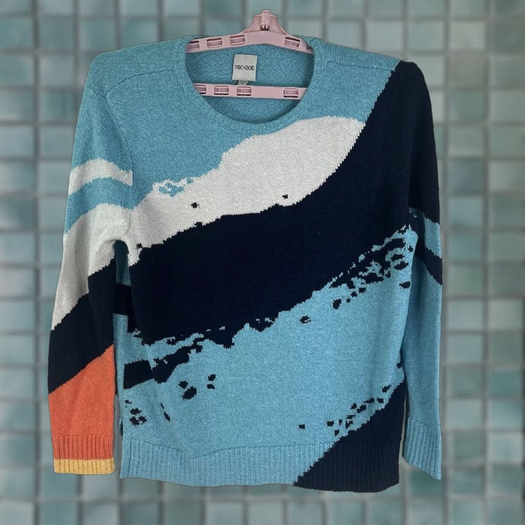 NIC+ZOE Nic + Zoe Sky Scene Art Sweater Womens M Blue Geometric Knit Pullover Round Neck All Seasons Size M / US 6-8 / IT 42-44 - 1 Thumbnail