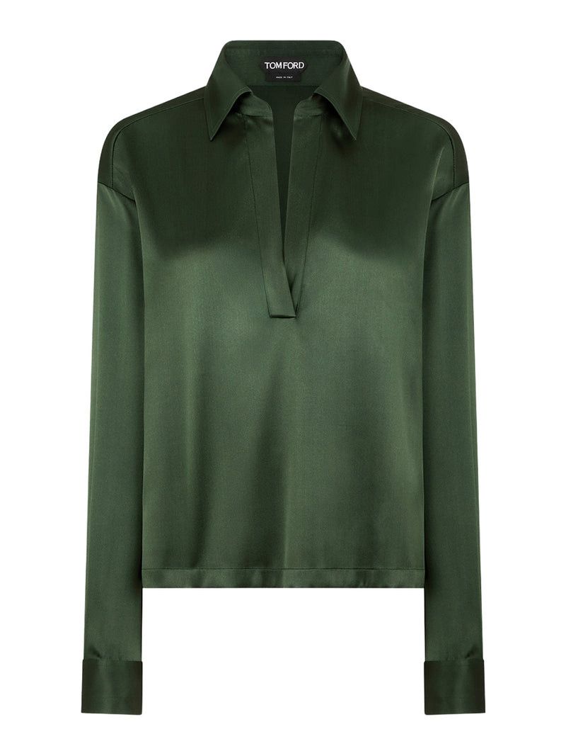 Tom Ford SILK SATIN BLOUSE WITH TF LOGO EMBROIDERED IN TONE-ON-TONE GREEN Size M / US 6-8 / IT 42-44 - 1 Thumbnail