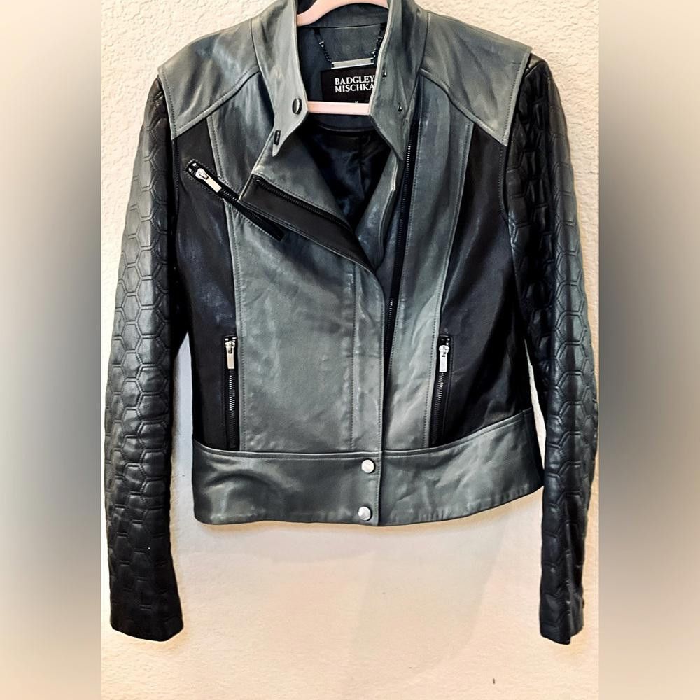 Designer Badgley Mischka Black/Grey Leather Motorcycle Jacket M Size M / US 6-8 / IT 42-44 - 4 Thumbnail