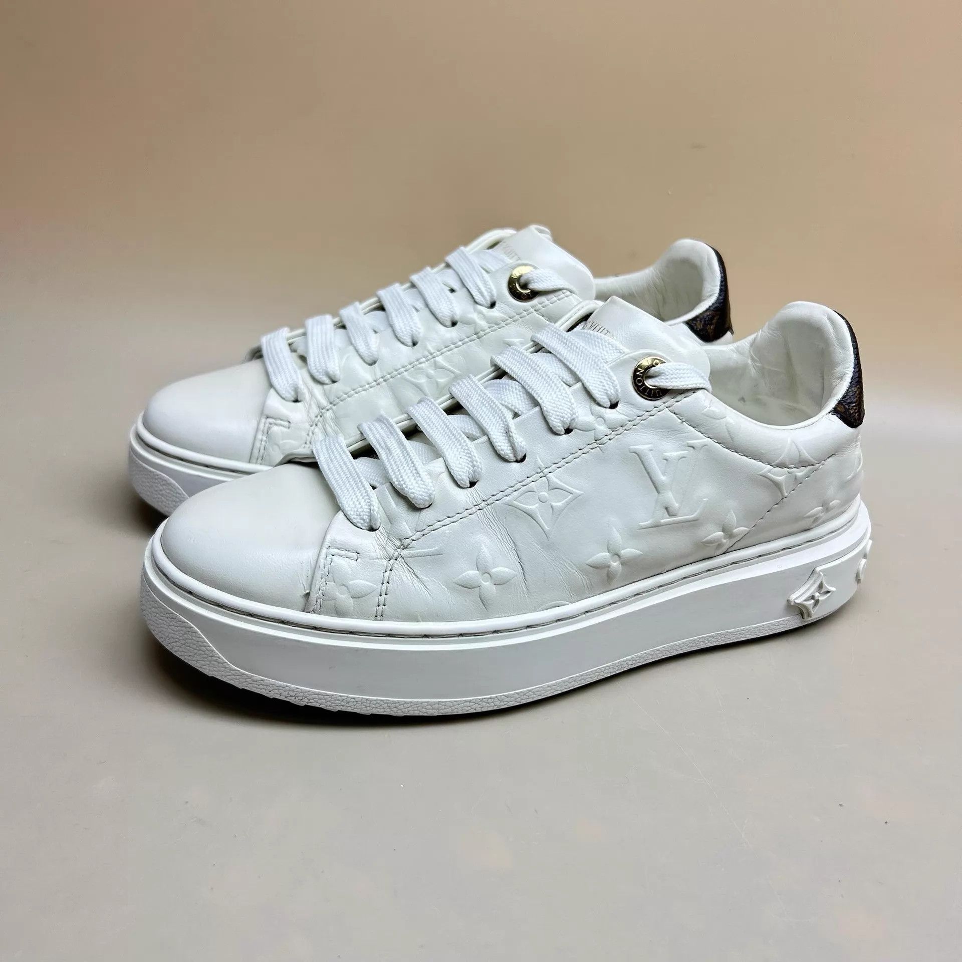 Louis Vuitton LV White Brown Monogram Embossed Platform Shoes Wmns 35 Size US 4.5 / IT 34.5 - 1 Thumbnail
