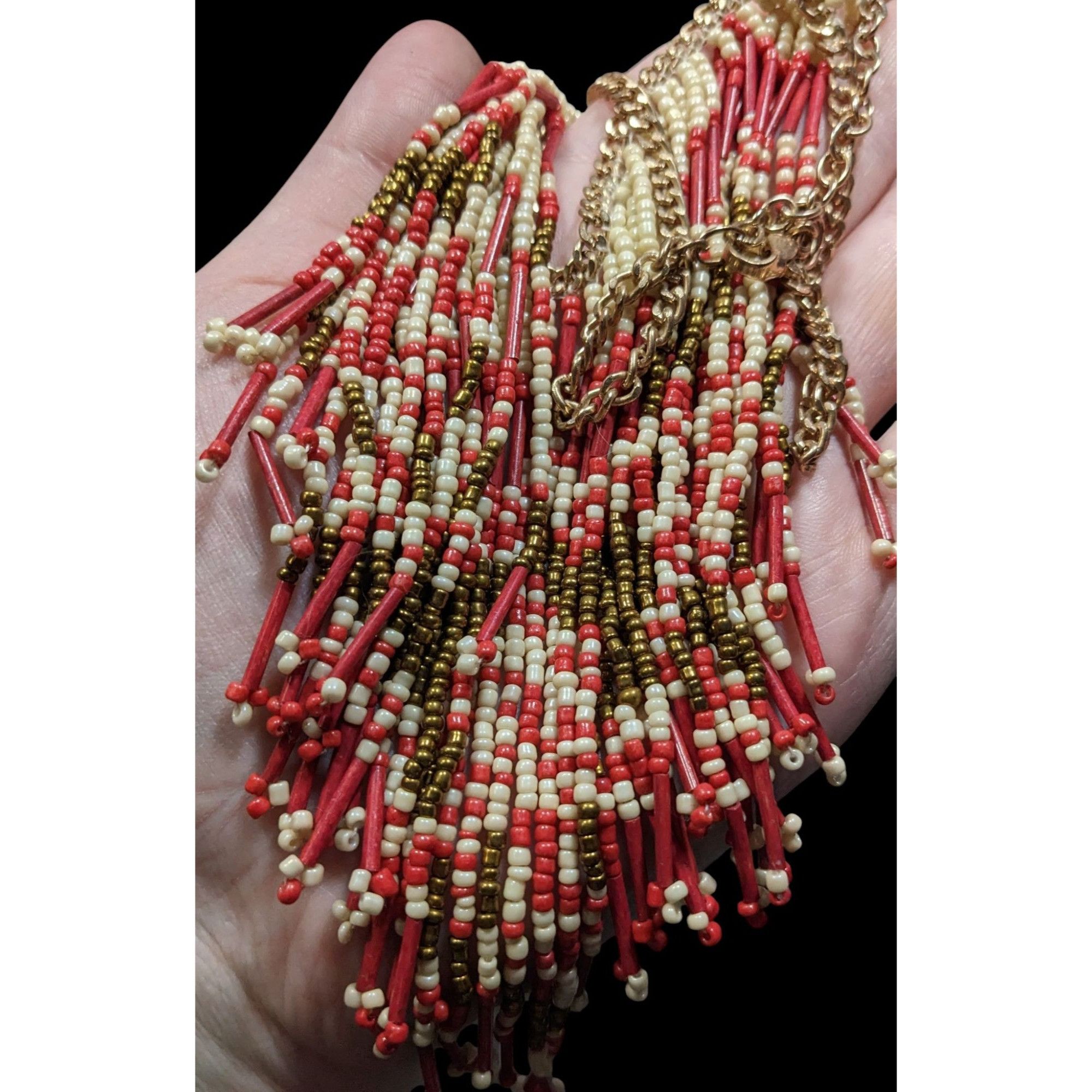 Other Bohemian Handmade Beaded Fringe Necklace In Red Cream & Gold Size ONE SIZE - 3 Thumbnail