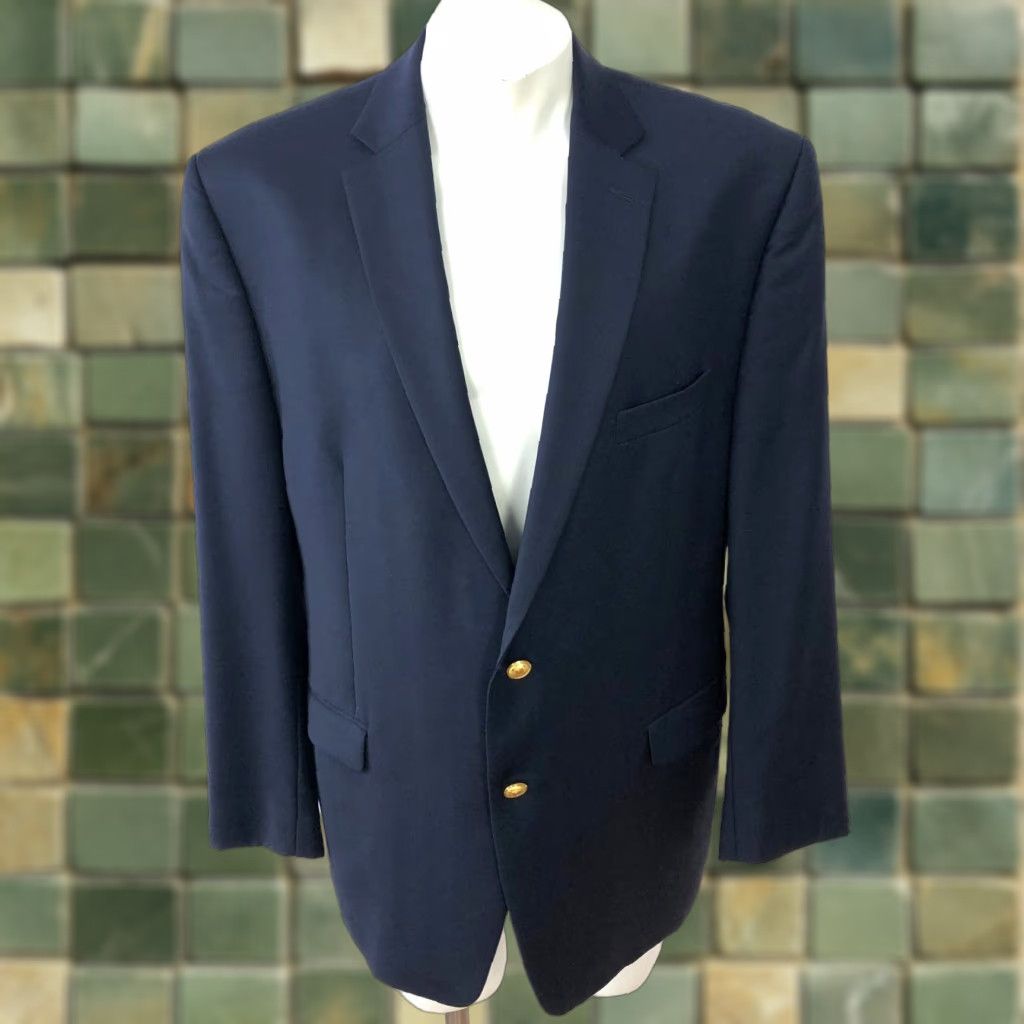 Ralph Lauren VINTAGE Lauren Ralph Lauren Green Label Blue Sport Coat Jacket 46 R Gold Buttons Blazer Mens Size 46R - 1 Thumbnail