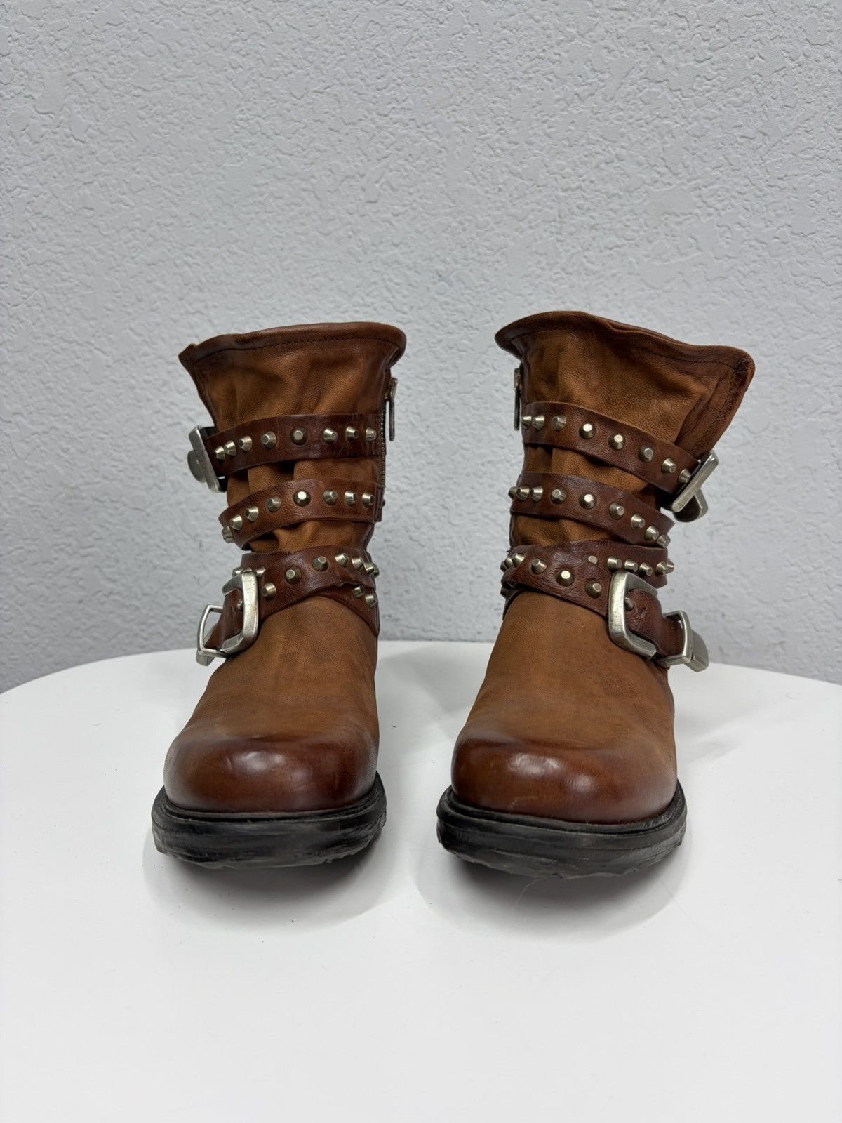 If Six Was Nine Brown Leather Studded Harness Boots Multi-Strap Biker Boots Size US 8 / IT 38 - 4 Thumbnail