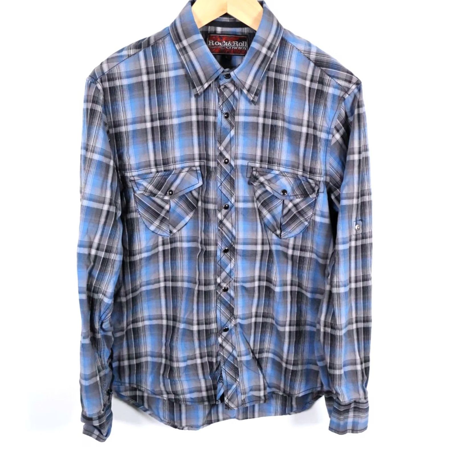 Vintage Rock & Roll Cowboy Shirt Men's Large Blue Plaid Pearl Snap Roll Tab Sleeves Size US L / EU 52-54 / 3 - 2 Thumbnail
