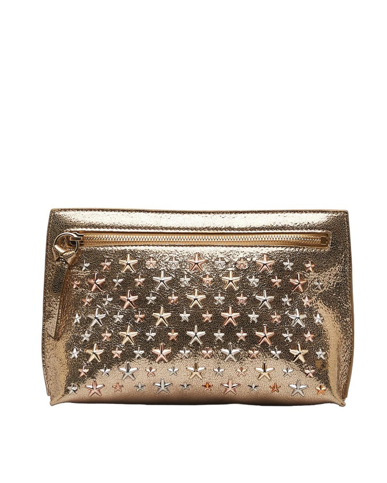 image of Jimmy Choo Gold Metallic Star-Studded Leather Clutch Bag, Women's