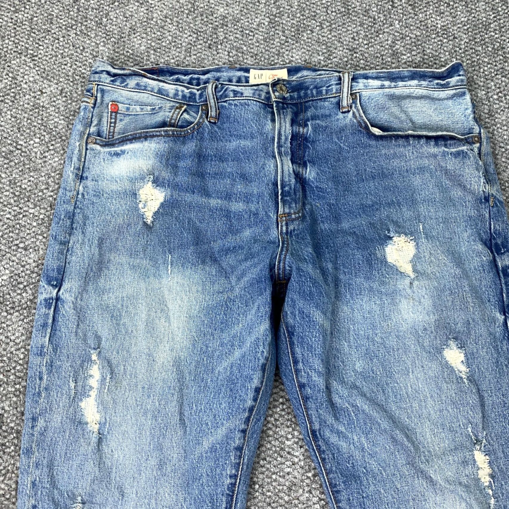 Gap GAP Cone Denim Jeans Mens 38x30 Blue Slim Straight Light Destroyed Distressed 5-Pocket Zip Fly Mens 38 Regular Inseam 30 Leather Patch (GAP 1969) Size US 38 / EU 54 - 2 Thumbnail
