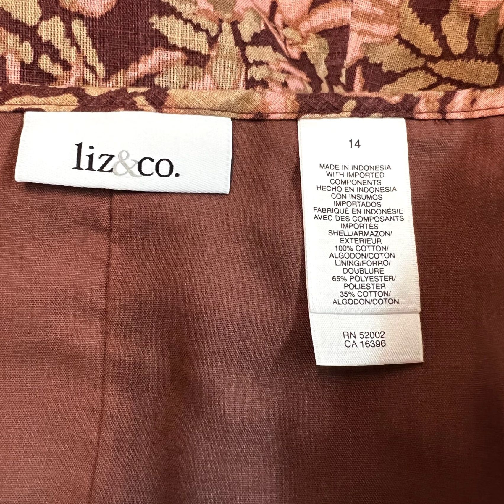 CO Liz & Co Womens Cotton Floral Lined Side Zip Casual Brown A Line Skirt Size 14 Size 36" / US 14 / IT 50 - 5 Thumbnail