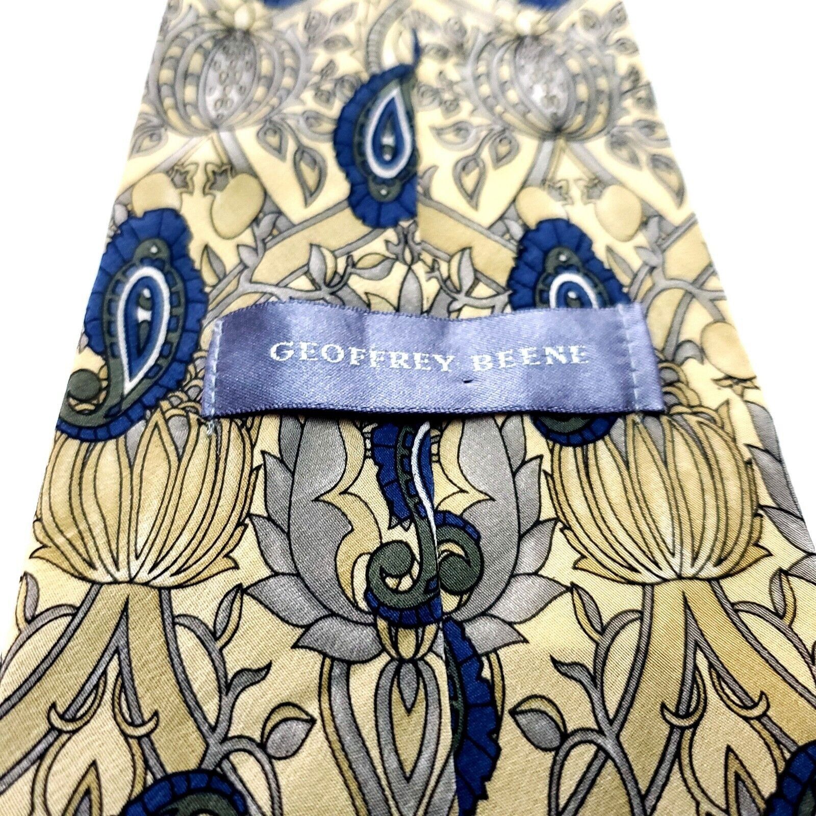 Vintage Geoffrey Beene Silk Tie Print Yellow Blue Italy Short Size ONE SIZE - 4 Thumbnail