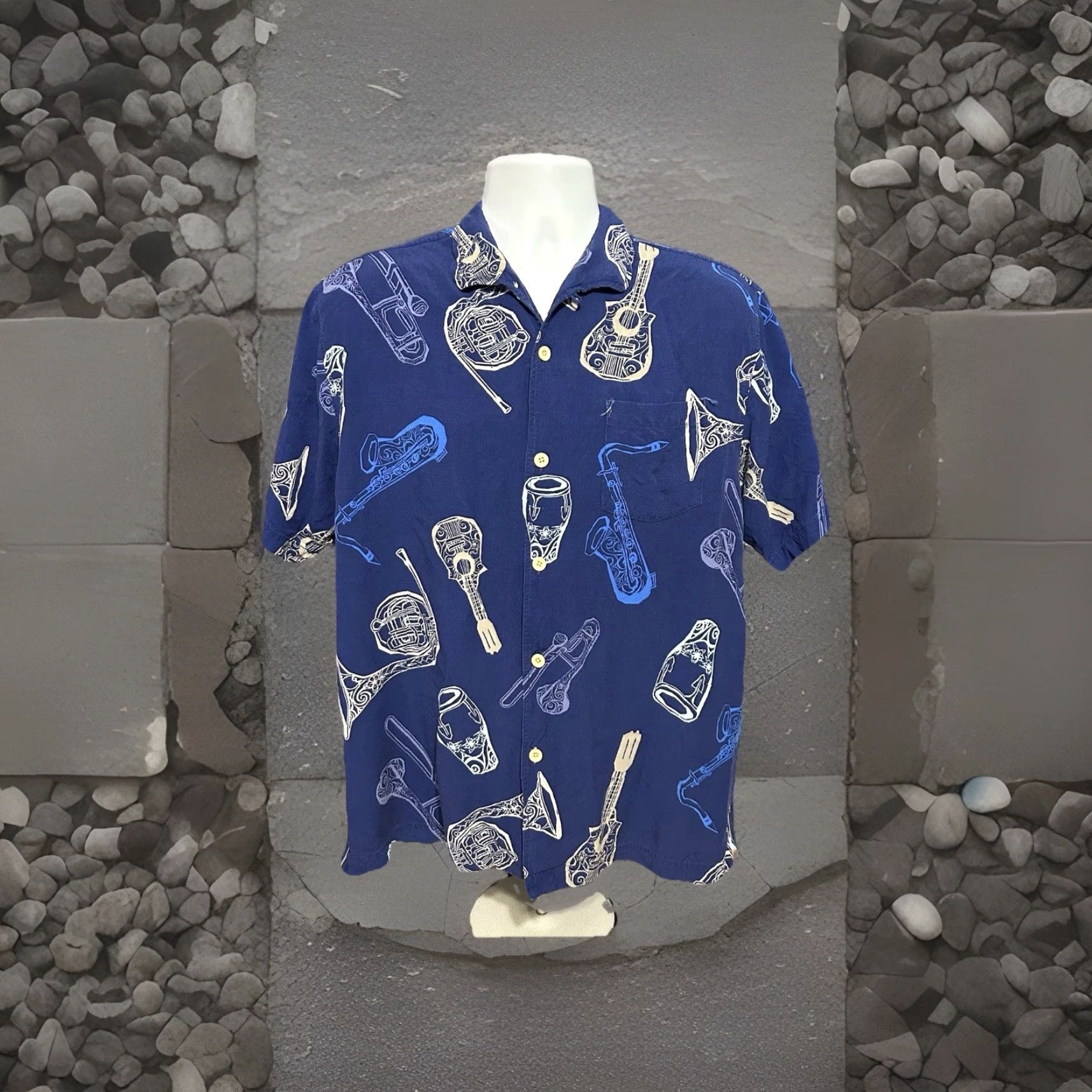 Tommy Bahama VINTAGE Tommy Bahama Hawaiian Button Up Music Instrumental Shirt Men Large Blue Rayon Shirt Size US L / EU 52-54 / 3 - 5 Thumbnail