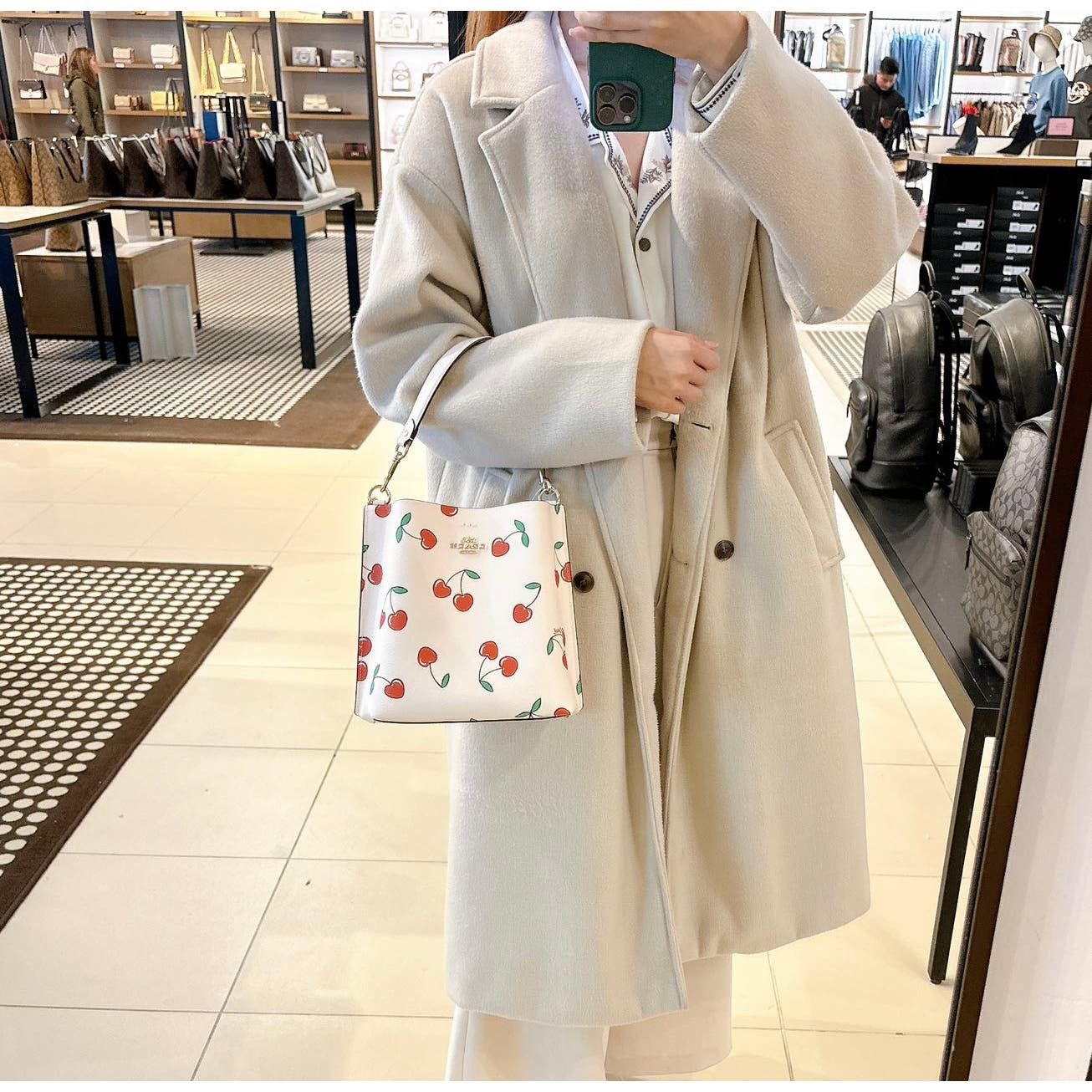image of Coach Cf422 Mollie Bucket 22 With Heart Cherry Print in White, Women's