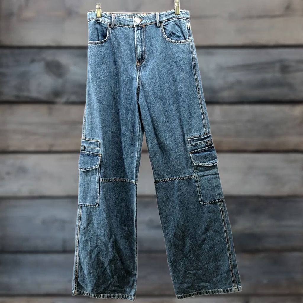Zara Zara Baggy Cargo Jeans Womens 2 High Rise Wide-Leg Cotton Denim Blue Size 26" / US 2 / IT 38 - 1 Thumbnail