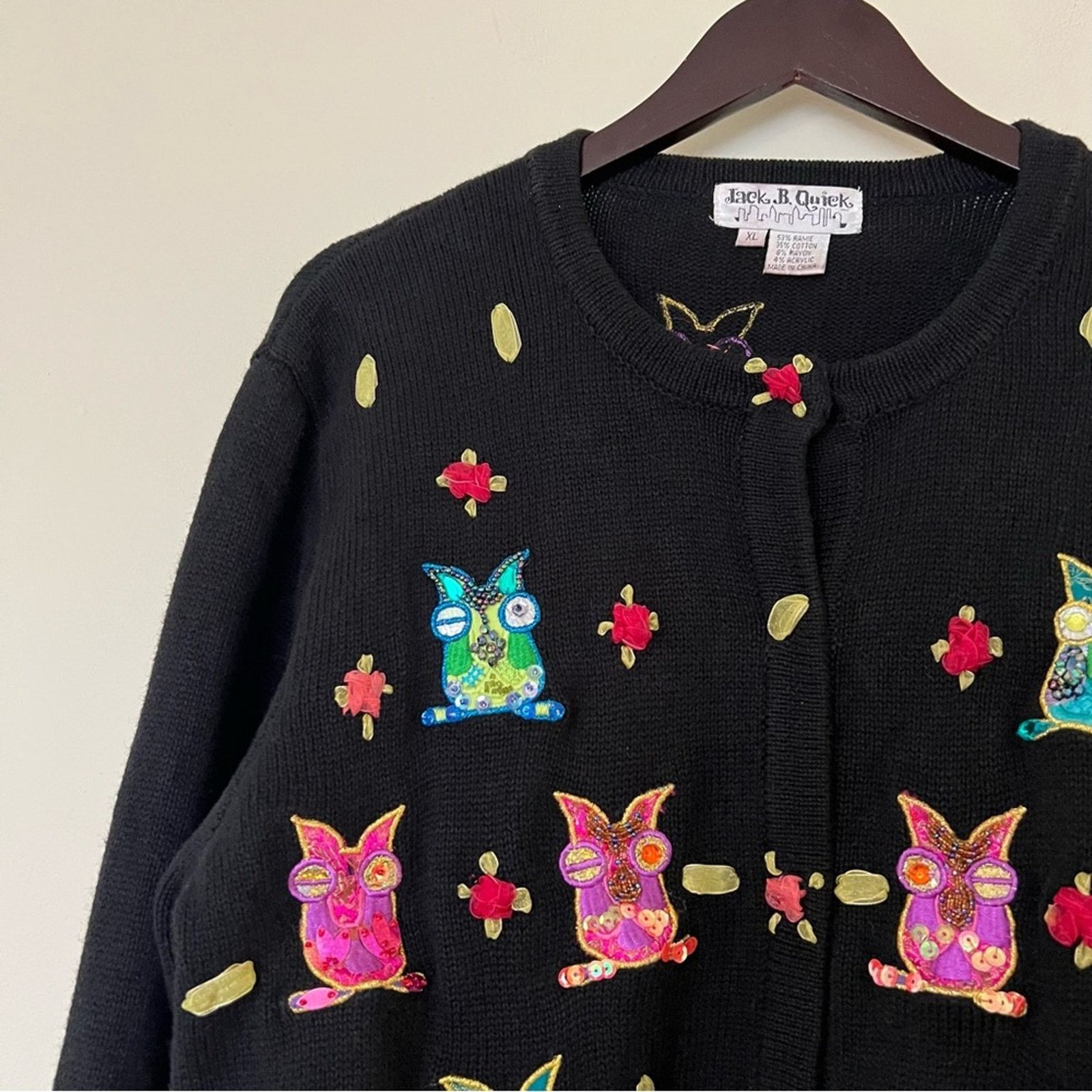 Vintage Jack B. Quick Y2k Beaded Owl Embroidered Knit Cardigan Size XL / US 12-14 / IT 48-50 - 3 Thumbnail