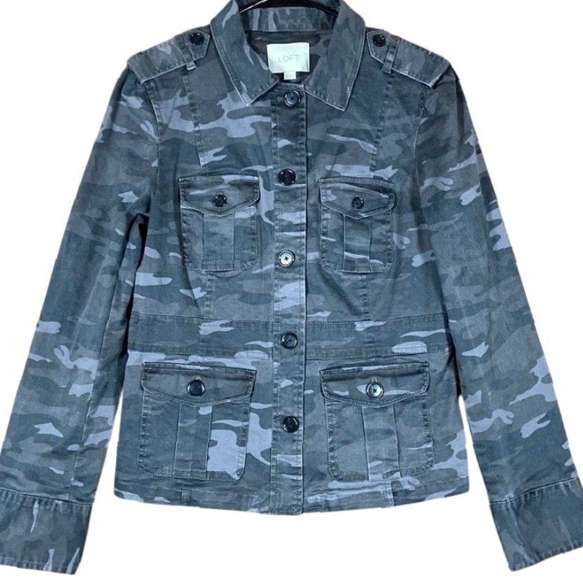 Ann Taylor VINTAGE Ann Taylor LOFT Womens Jacket Gray Camouflage Utility Button Up Stretch 6 Size M / US 6-8 / IT 42-44 - 2 Thumbnail