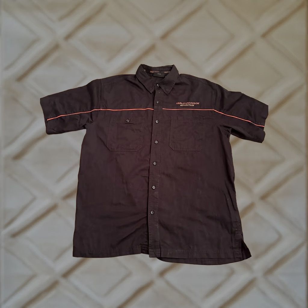 Harley Davidson Harley-Davidson Button-Up Shirt Short Sleeve Black Large Lg Men USA Western Y2K Graphics Back Pocket Logo Embroidered Size US 33 - 1 Thumbnail