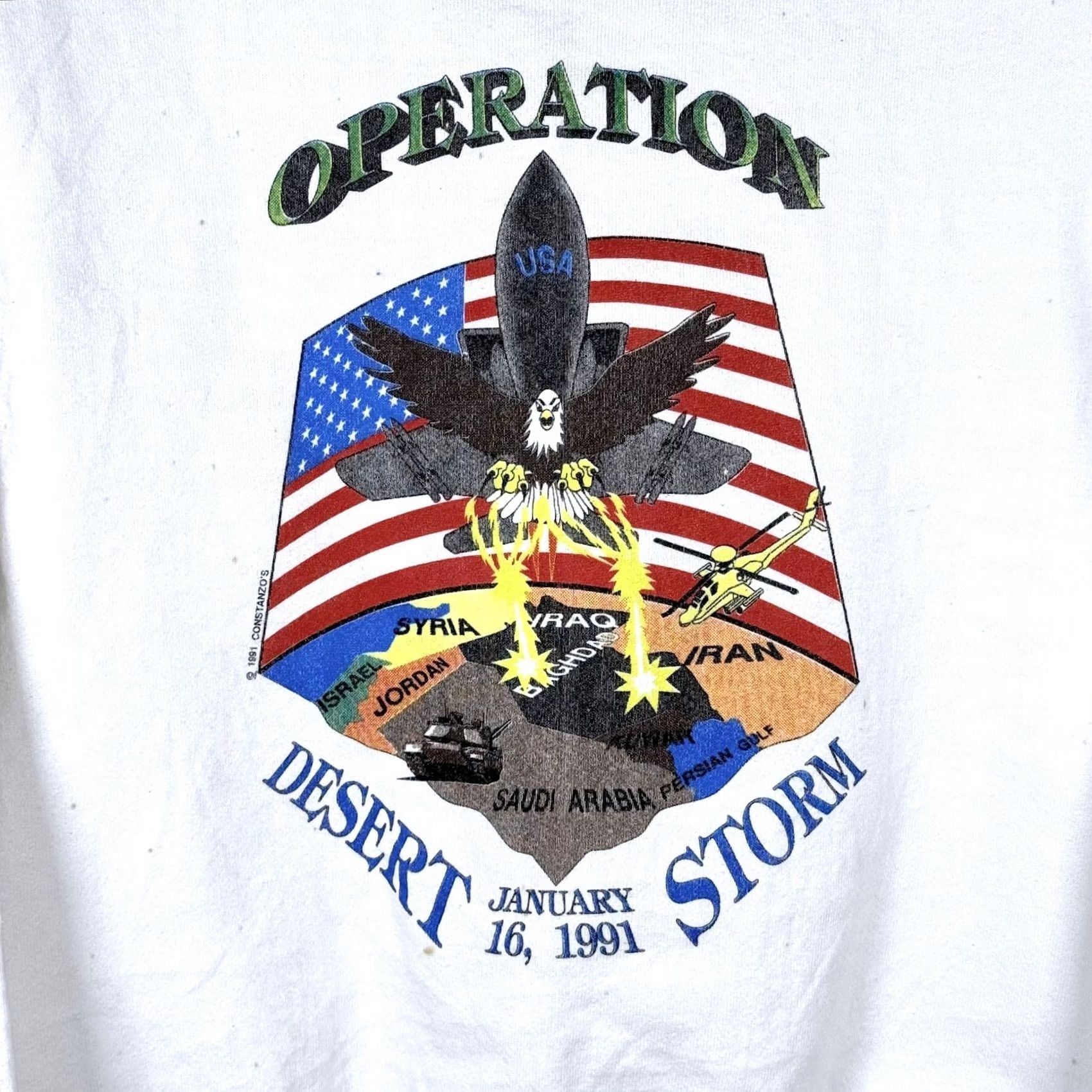 Fruit Of The Loom VINTAGE Fruit of the Loom Sweartshirt Mens M White Desert Storm 1991 Storm Graphic Print Crew Neck Pullover Knit Sweatshirt Regular Fit Shirt Size US M / EU 48-50 / 2 - 3 Thumbnail