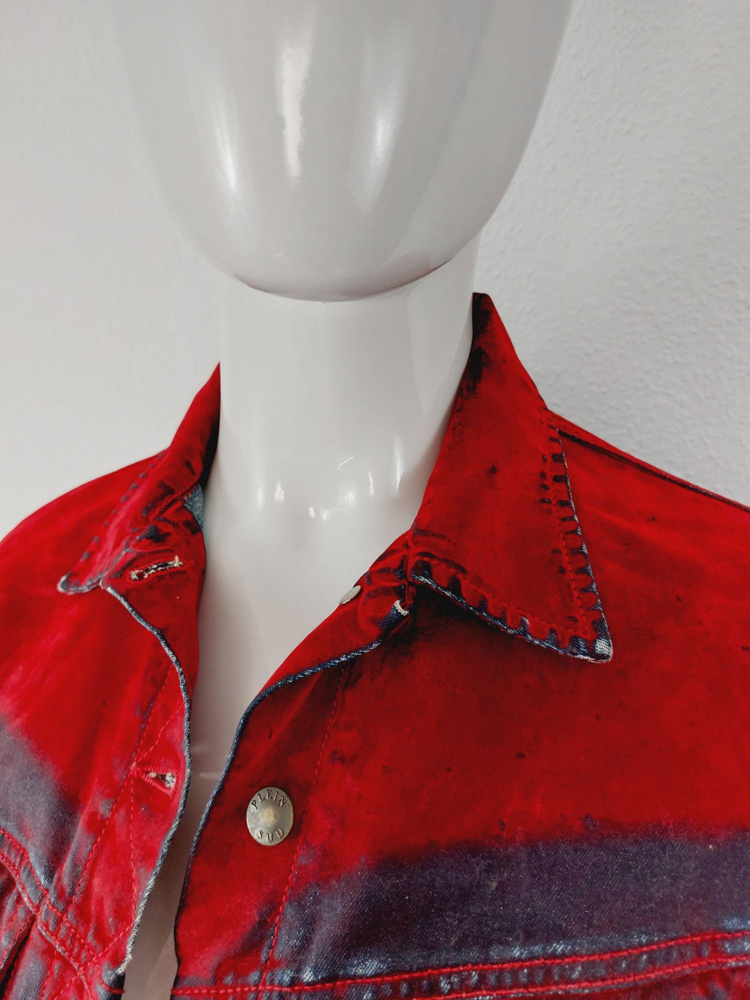 plein sud Plein Sud Red Blood Velvet Shadow Tar Denim Jacket Size M / US 6-8 / IT 42-44 - 15 Thumbnail