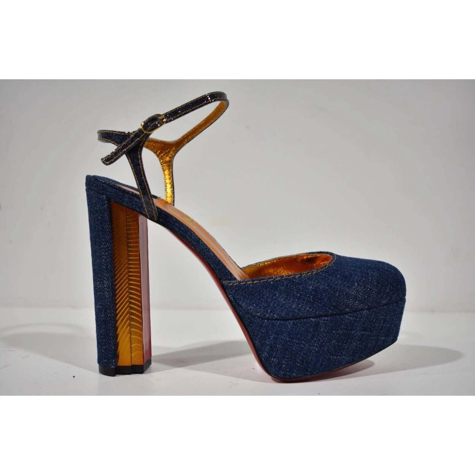 Christian Louboutin Coluna Pump 130 Denim Blue Gold Ankle Strap Platform Heel 41 Size US 11 / IT 41 - 2 Thumbnail