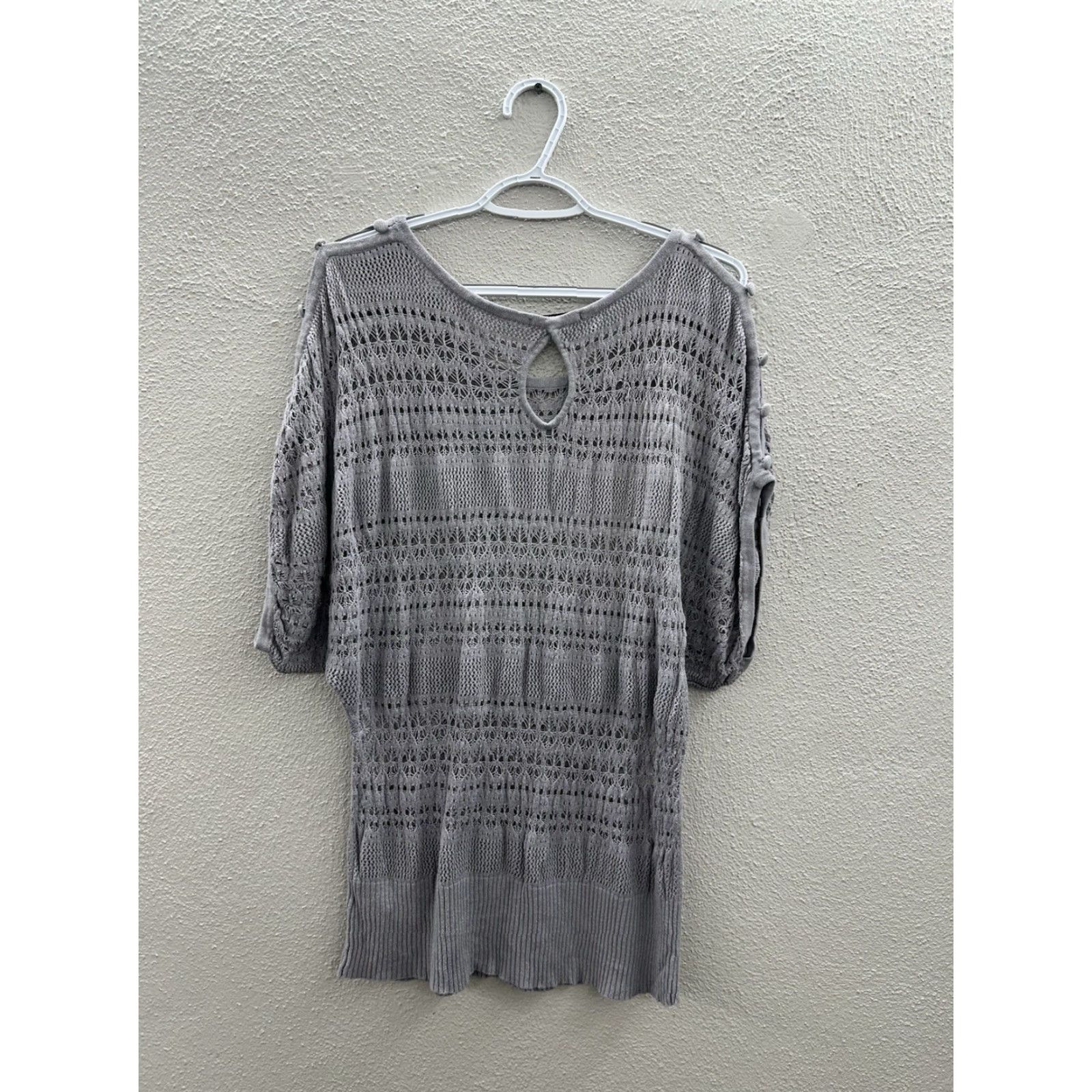 Vintage Maurices Womens Blouse XL Gray Open Knit Short Sleeve Shirt Regular Cotton Rayon Knit Open Collarless Classic Theme Mens Womens Girls? Size XL / US 12-14 / IT 48-50 - 6 Thumbnail