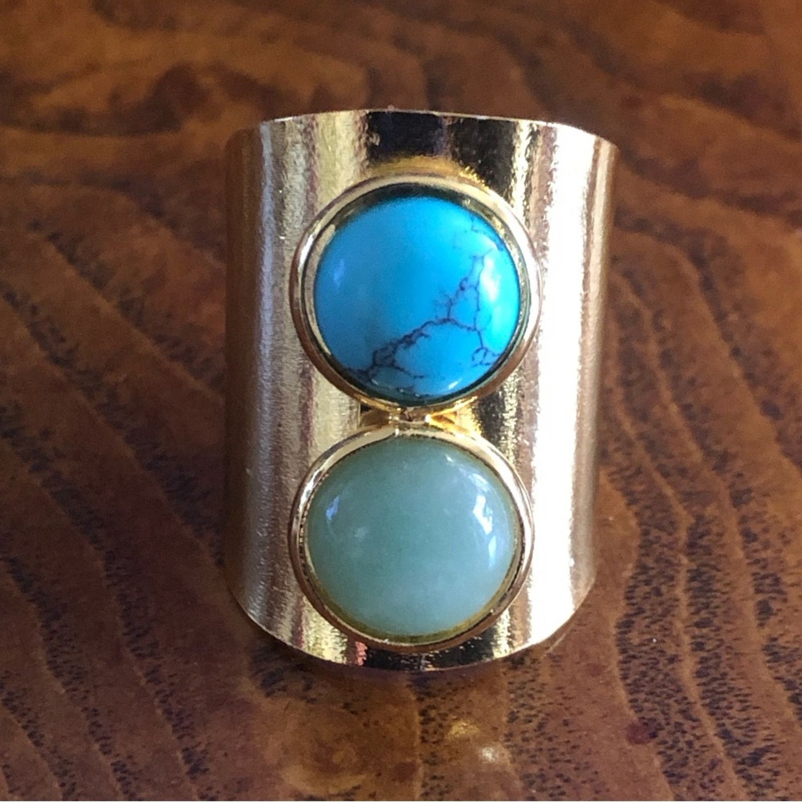 Jewelry Wide gold band duo howlite opalite cabochon ring Size ONE SIZE - 1 Thumbnail