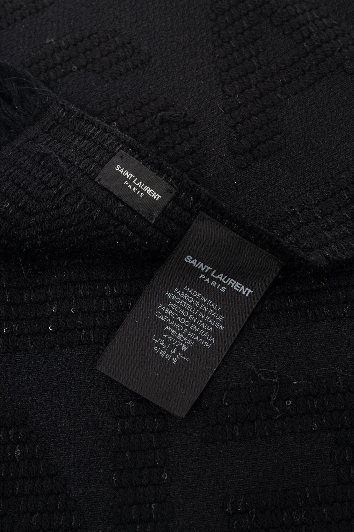 Saint Laurent Paris Saint Laurent Black Wool Sequined Logo-Jacquard Fringe Scarf Size ONE SIZE - 4 Thumbnail